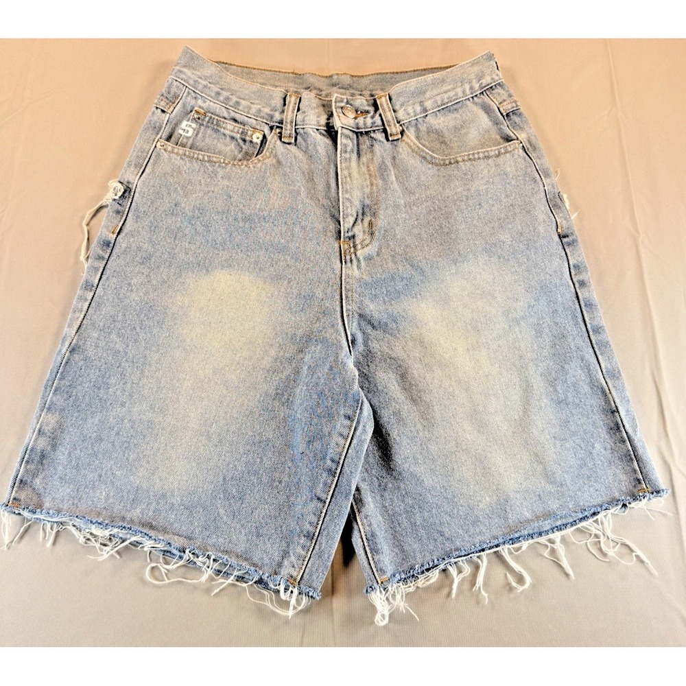 Sumwon Denim Shorts Womens XS Light Wash Distressed Logo Back Raw Hem Y2K Style